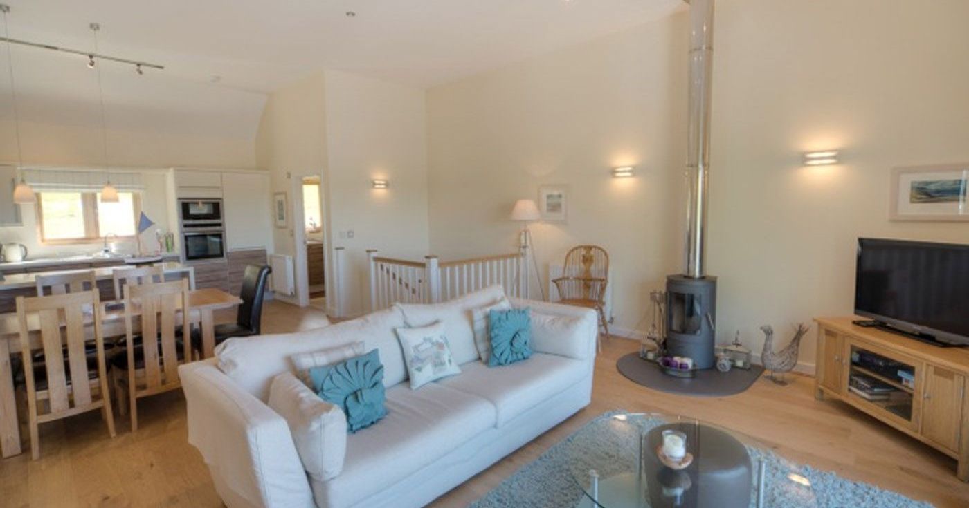 Modern open-plan living room and kitchen with wood stove, cream sofa, and dining area