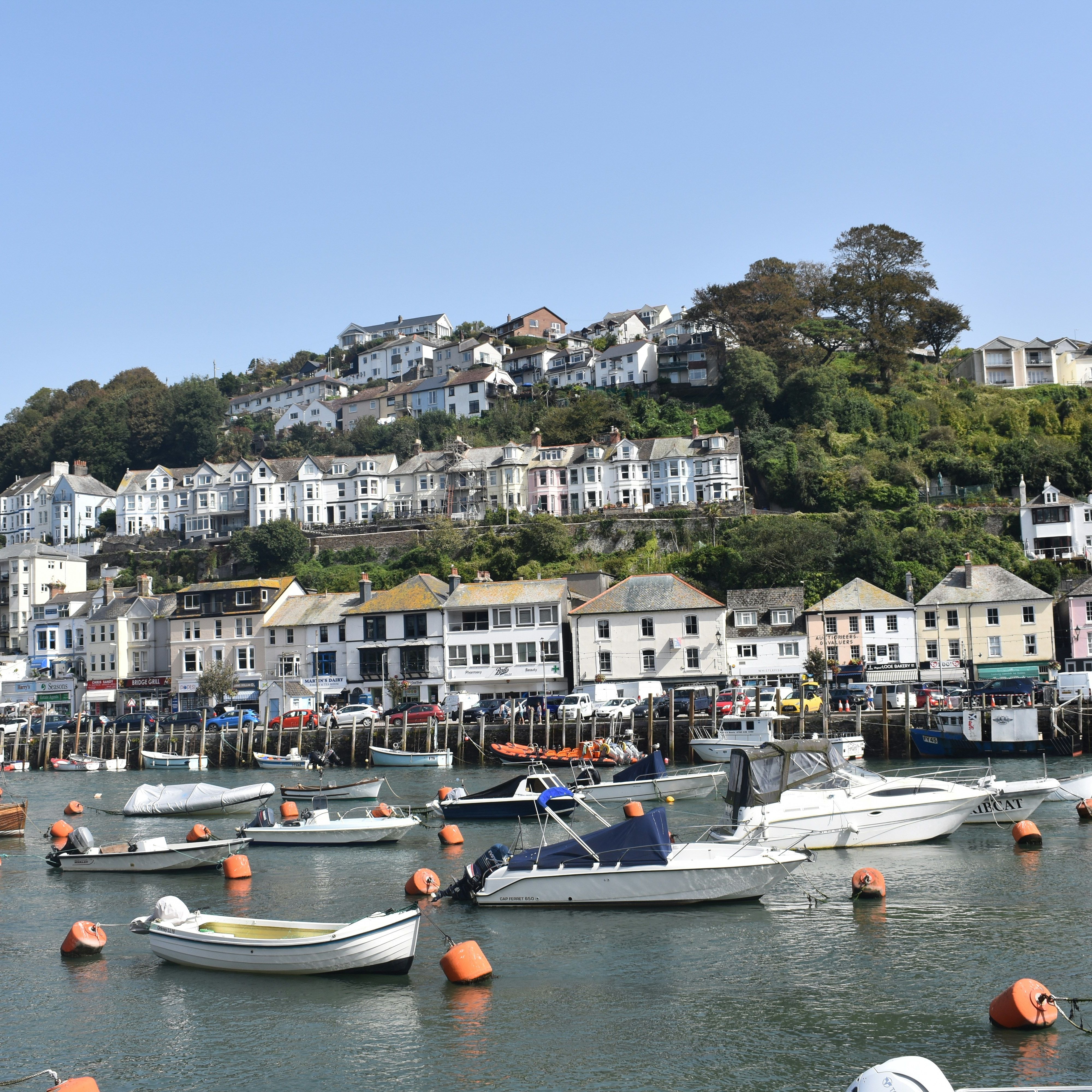 Boats docked at a harbor with a hillside town in the background under a clear blue sky