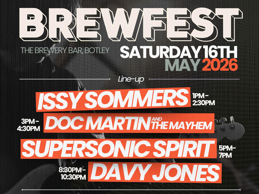 Poster for Brewfest at The Brewery Bar, Botley on May 16, 2026, listing band lineup and event details.