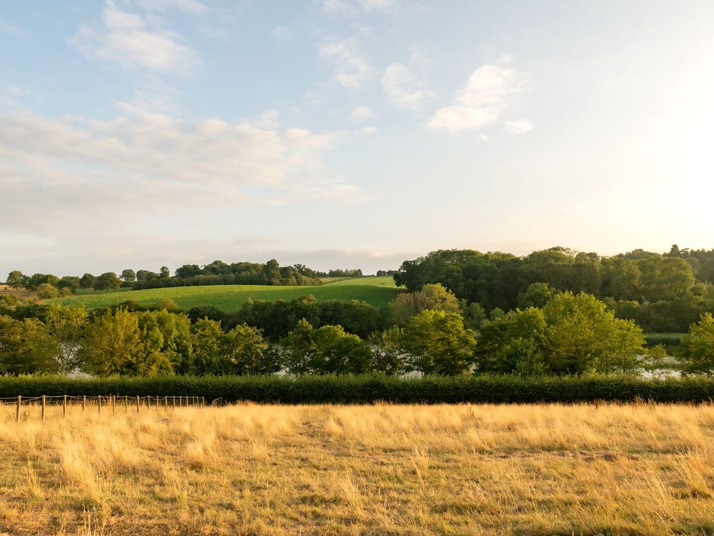 A scenic rural landscape with grassy fields, green trees, and rolling hills under a partly cloudy sky at sunset.