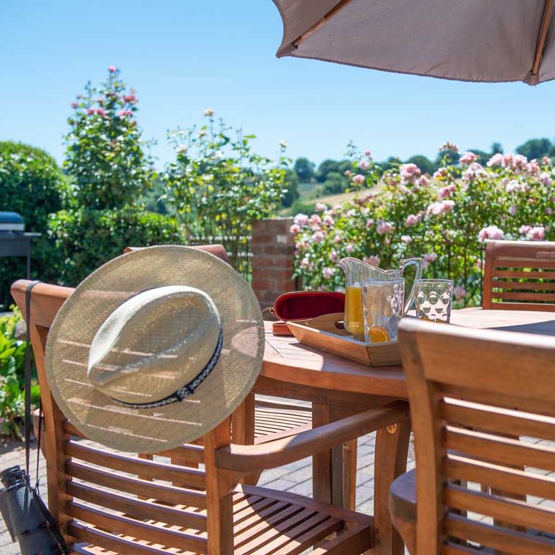 Outdoor wooden patio set with a sun hat on a chair, a jug of juice, glasses, and an umbrella, surrounded by blooming flowers and a countryside view.
