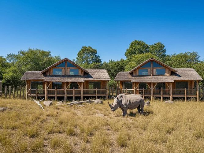 Rhino standing in front of wooden safari lodges at West Midlands Safari Park