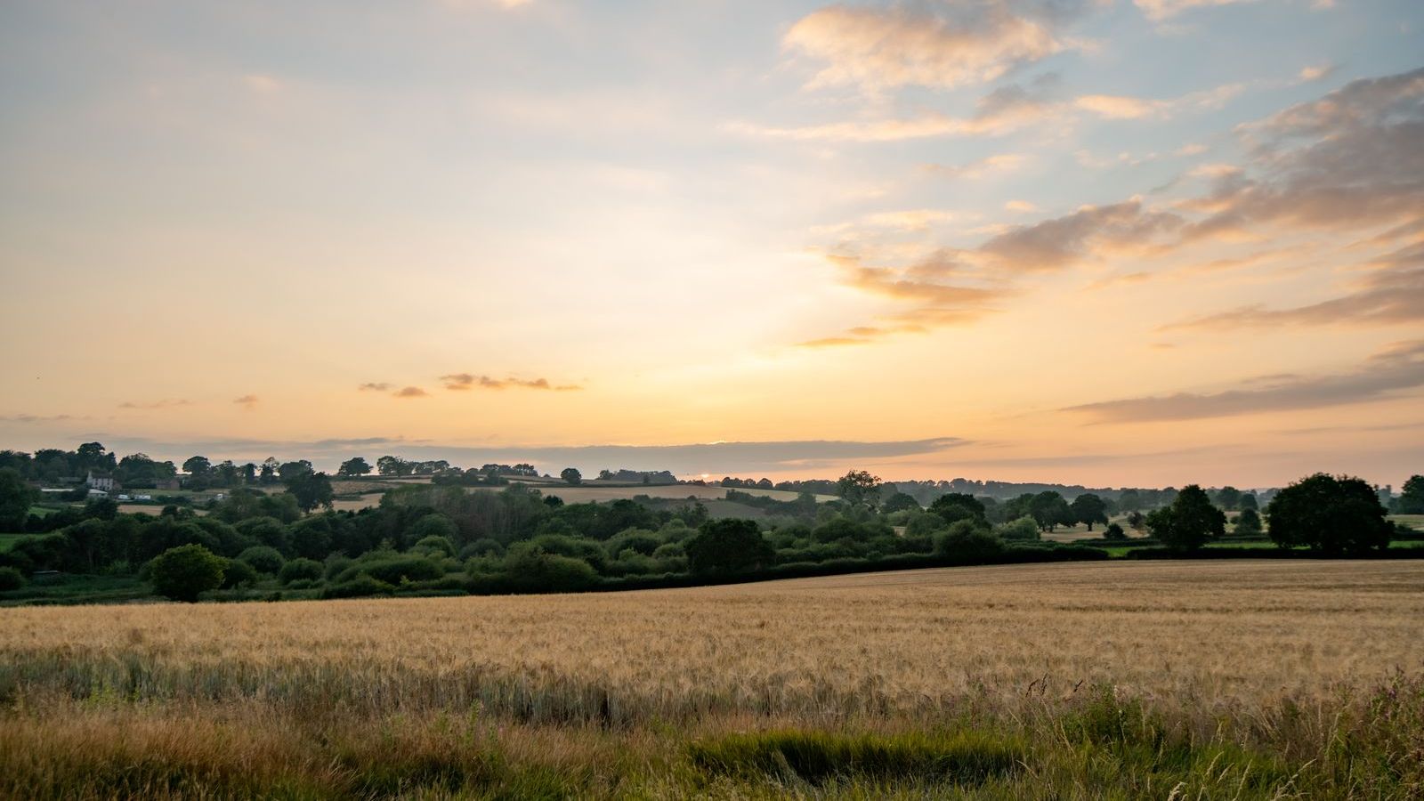 Scenic rural landscape at sunset with fields and trees under a colorful sky