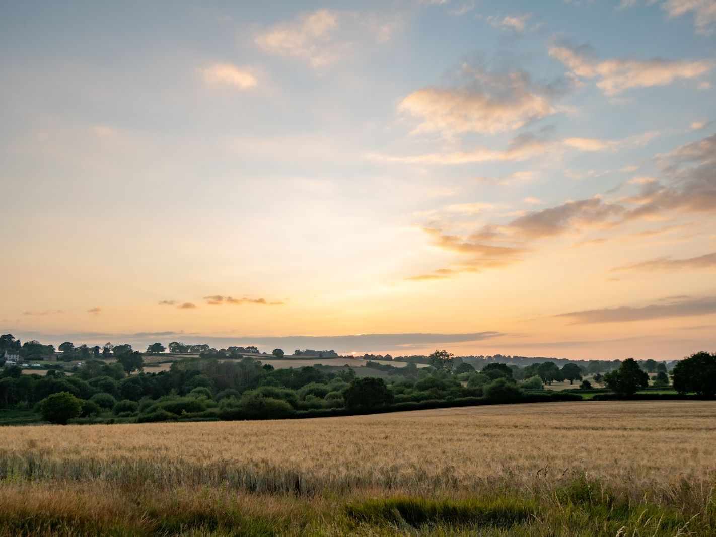 Scenic rural landscape at sunset with fields and trees under a colorful sky