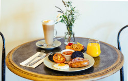 English breakfast with coffee and orange juice