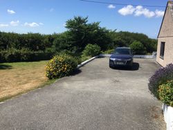 A black car parked on a driveway next to a house with a garden and bushes under a blue sky.