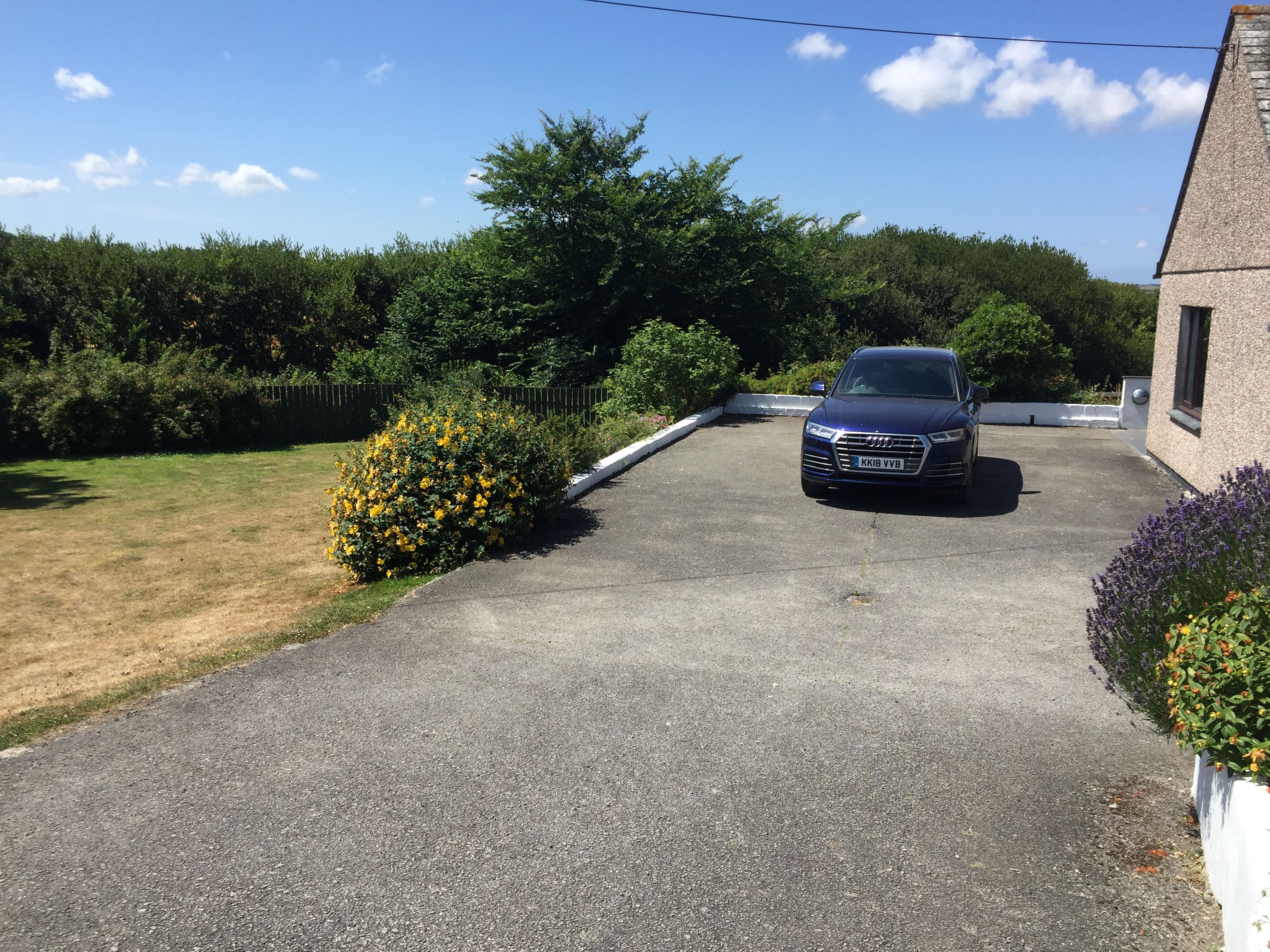A black car parked on a driveway next to a house with a garden and bushes under a blue sky.