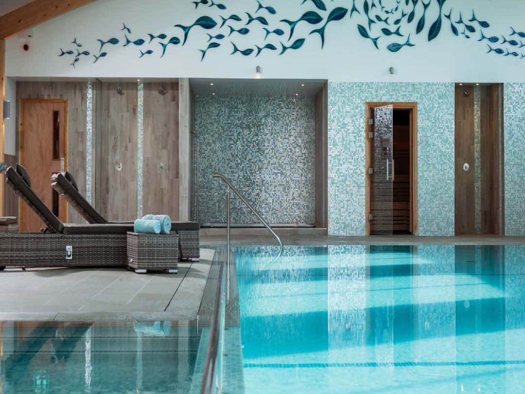 Indoor swimming pool area with lounge chairs and modern wall art