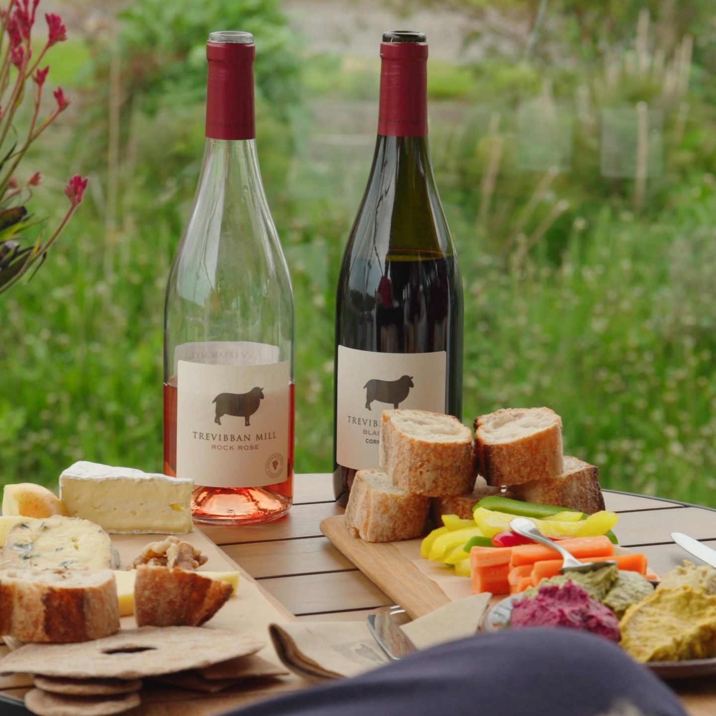 Outdoor table with two bottles of wine, bread, cheese, crackers, colorful vegetable dips, and a scenic green garden background.