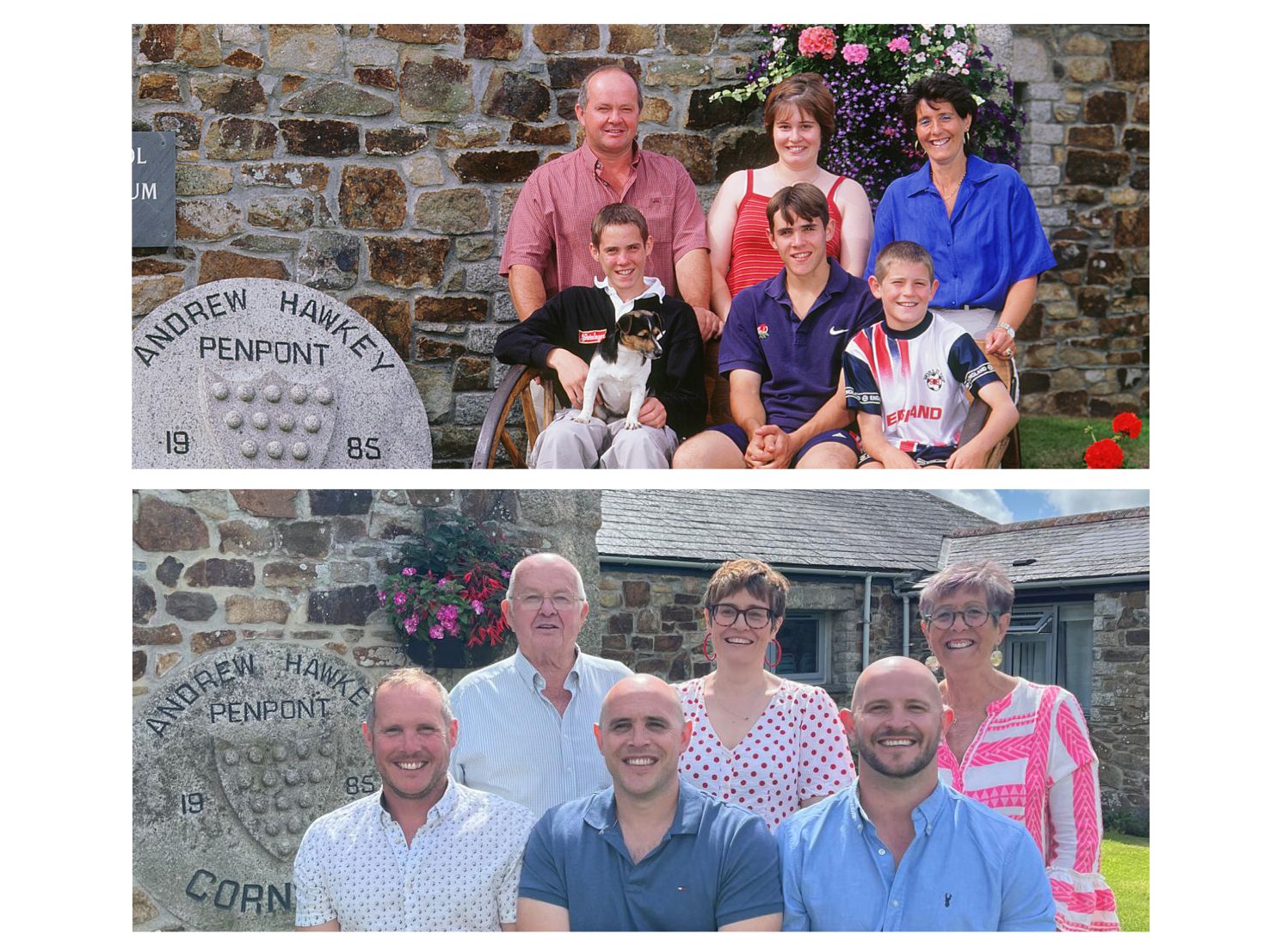 A family group recreates an old photo in front of a stone wall and memorial plaque.