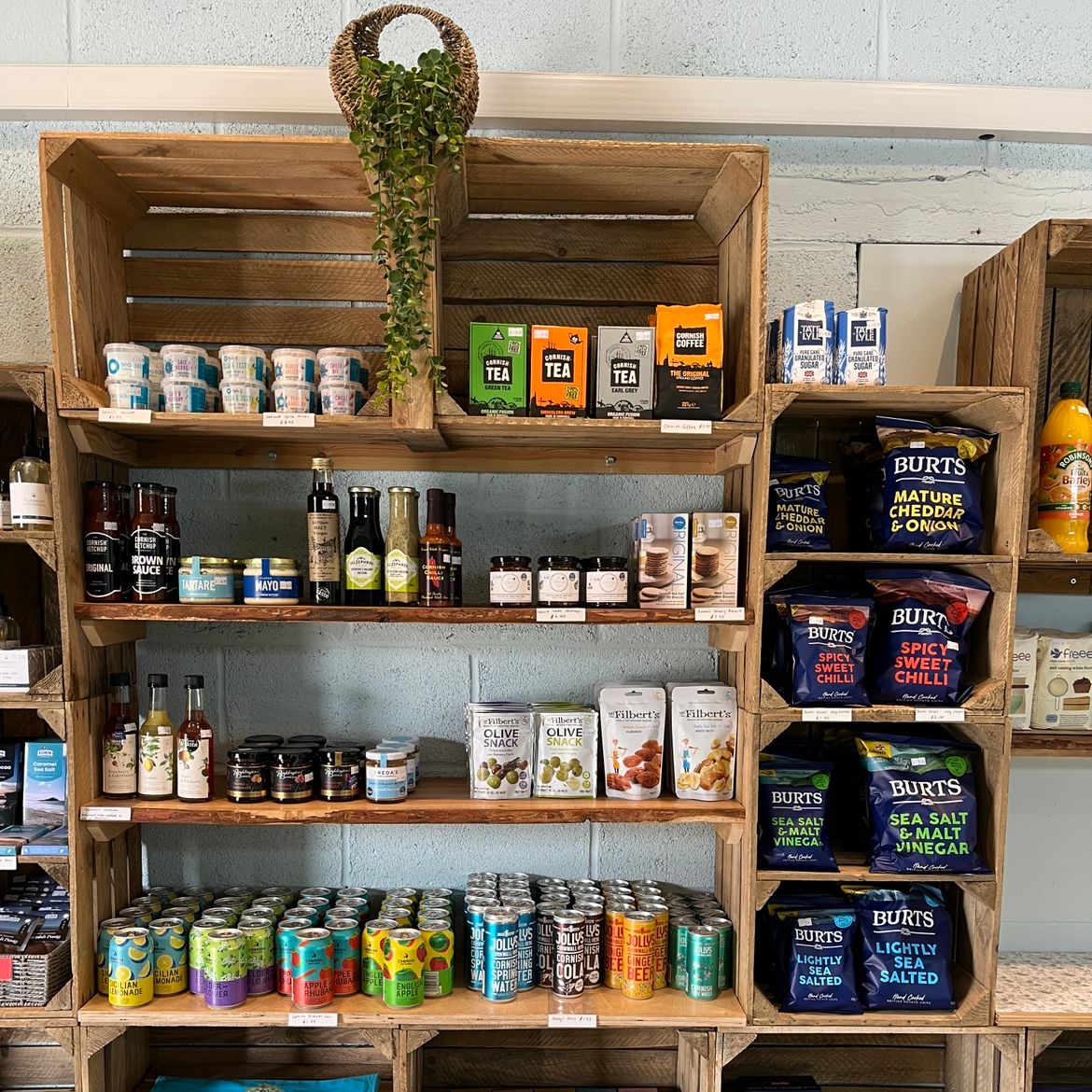 Wooden shelves displaying a variety of specialty groceries including snacks, canned drinks, sauces, pasta, and other packaged foods, with a hanging plant and branded reusable bags.