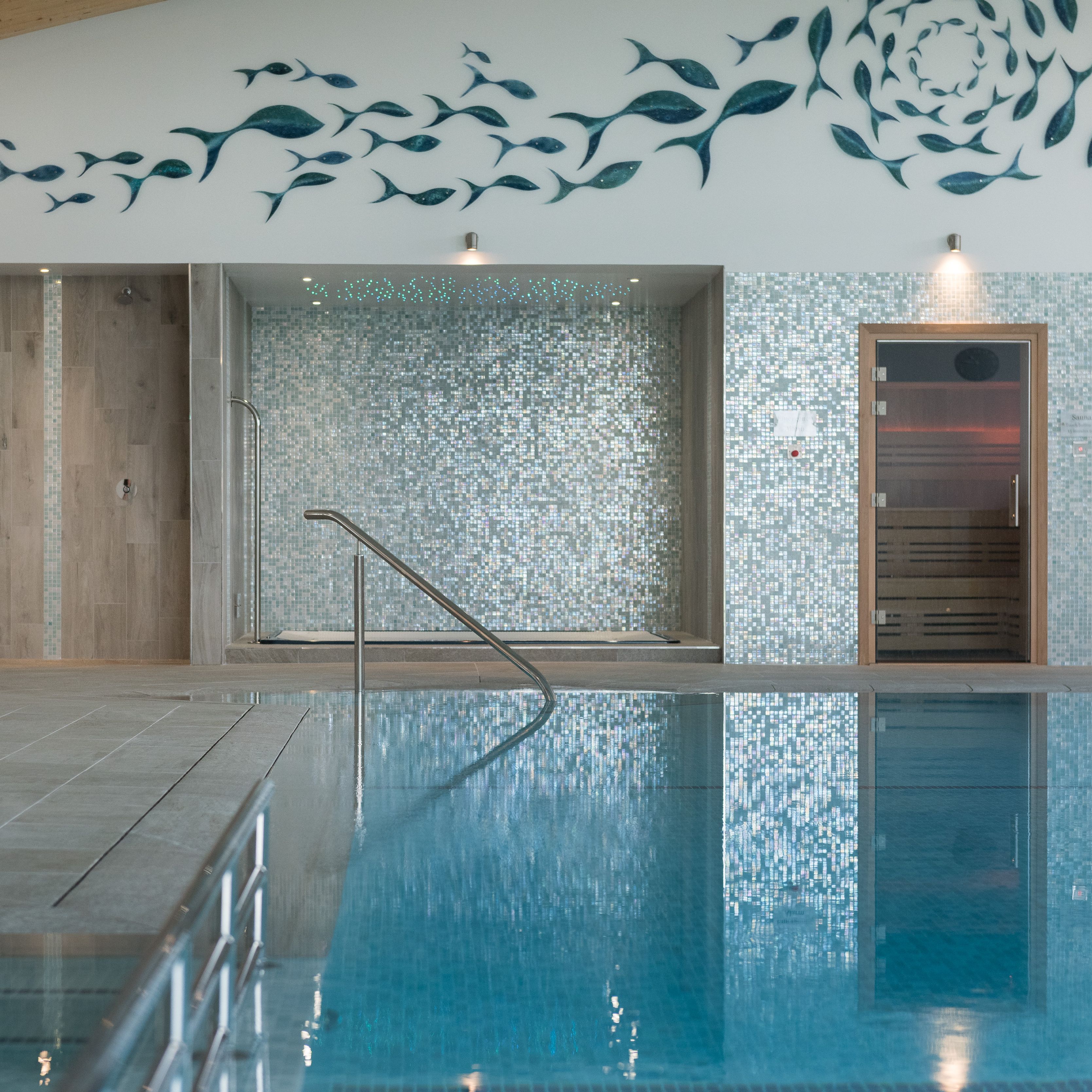 Indoor swimming pool with tiled walls, a wooden door, showers, a sauna room, and artistic fish decorations on the upper wall.