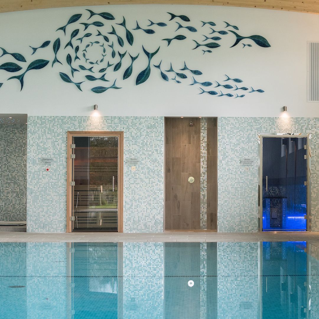 Indoor swimming pool area with mosaic tile walls, two glass doors, and a decorative fish art installation on the wall above. Natural light streams in through large windows on the right.