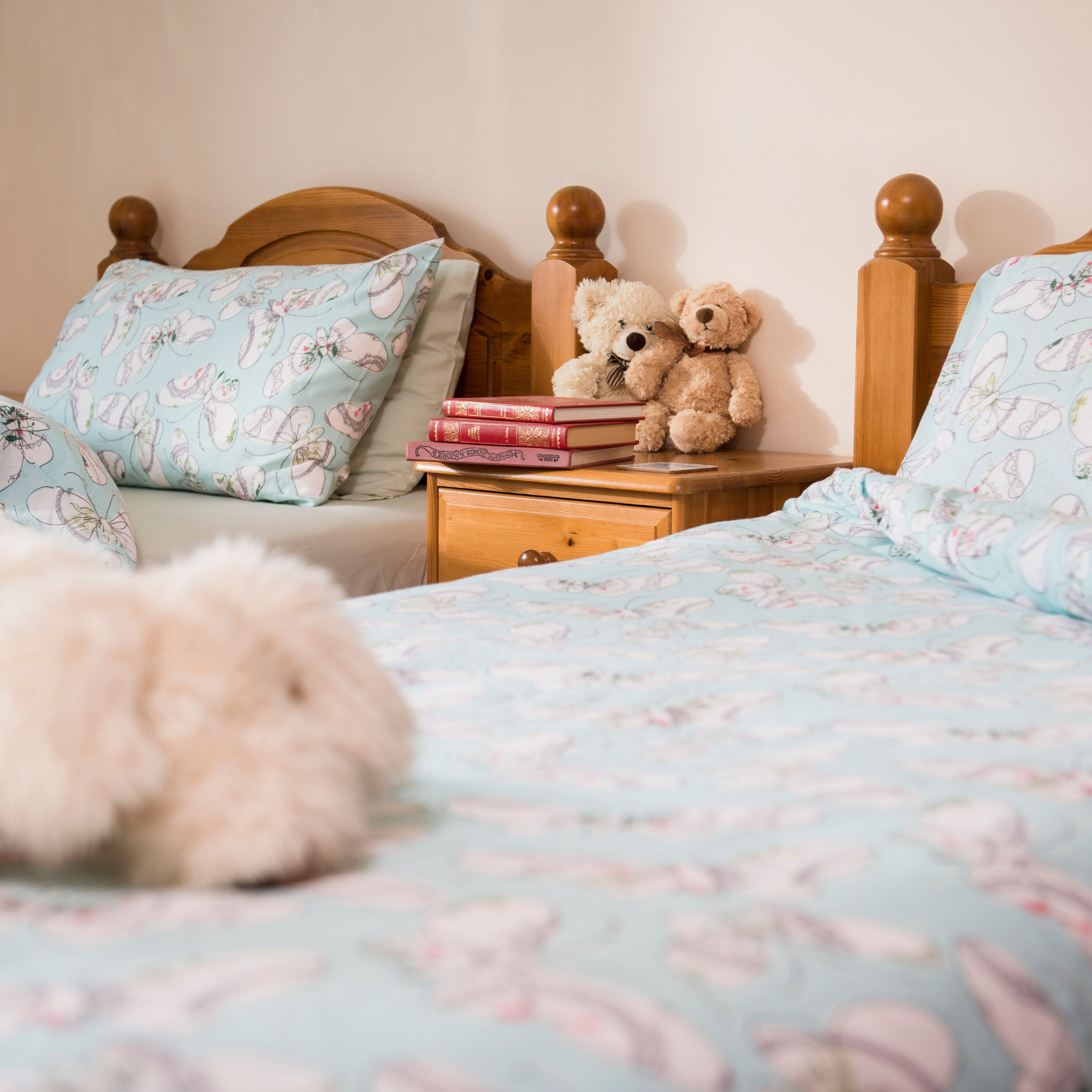 Cozy bedroom with two wooden beds covered in blue butterfly-patterned bedding, a fluffy white stuffed animal on one bed, and two teddy bears with books on the nightstand between the beds.