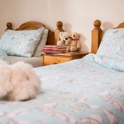 Cozy bedroom with two wooden beds covered in blue butterfly-patterned bedding, a fluffy white stuffed animal on one bed, and two teddy bears with books on the nightstand between the beds.