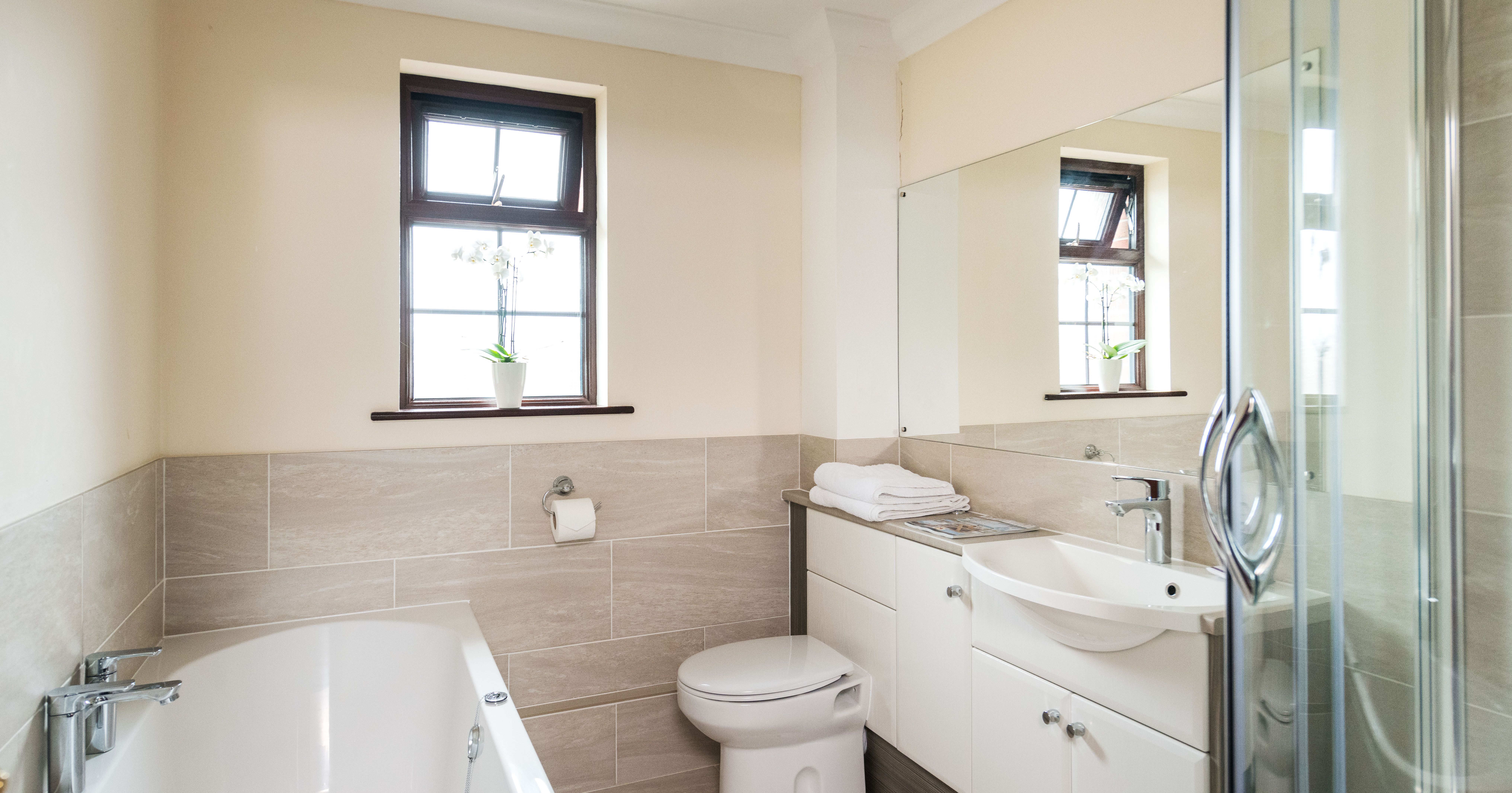 Modern bathroom with bathtub, toilet, sink, glass shower enclosure, large mirror, and two windows with potted plants on the ledges.