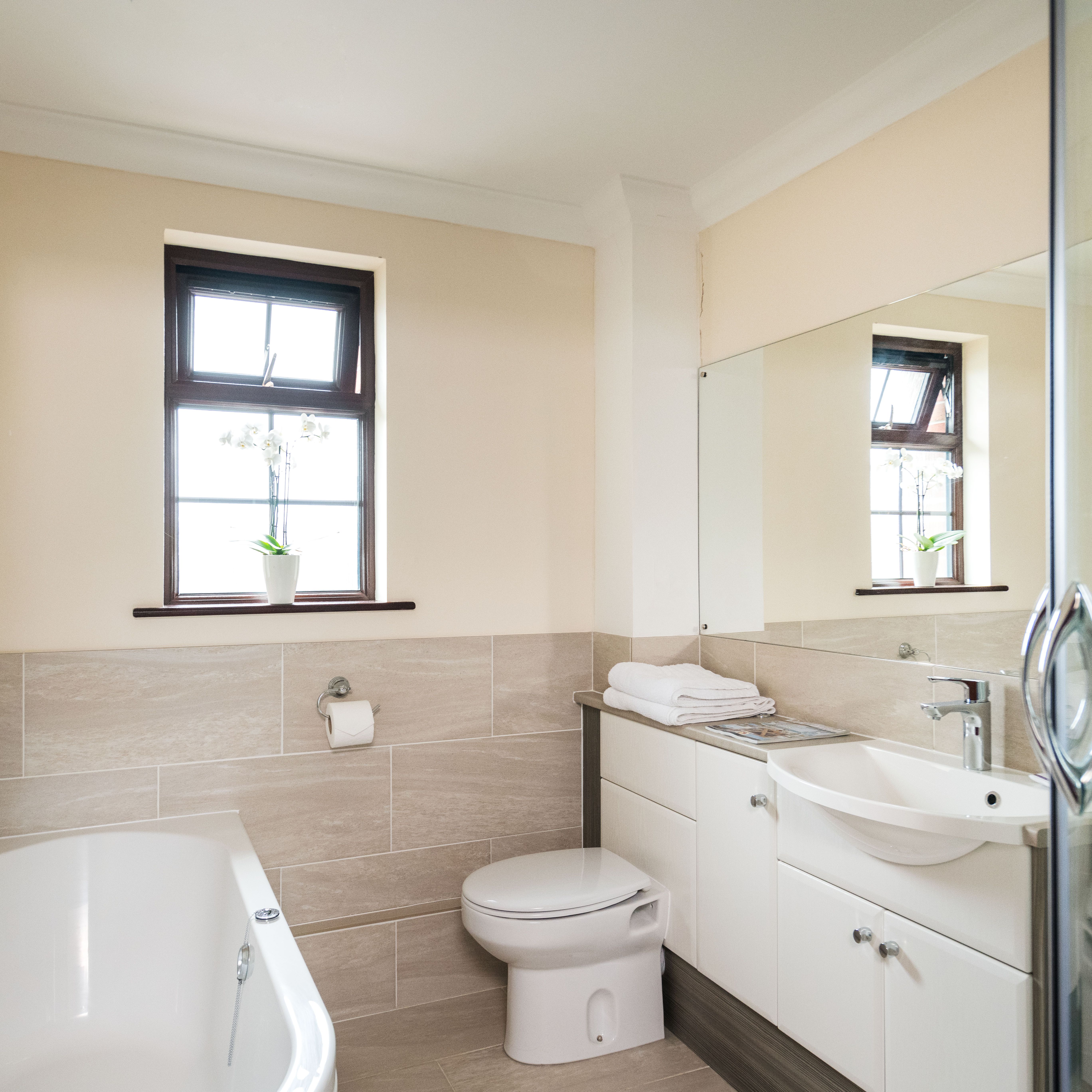 Modern bathroom with bathtub, toilet, sink, glass shower enclosure, large mirror, and two windows with potted plants on the ledges.