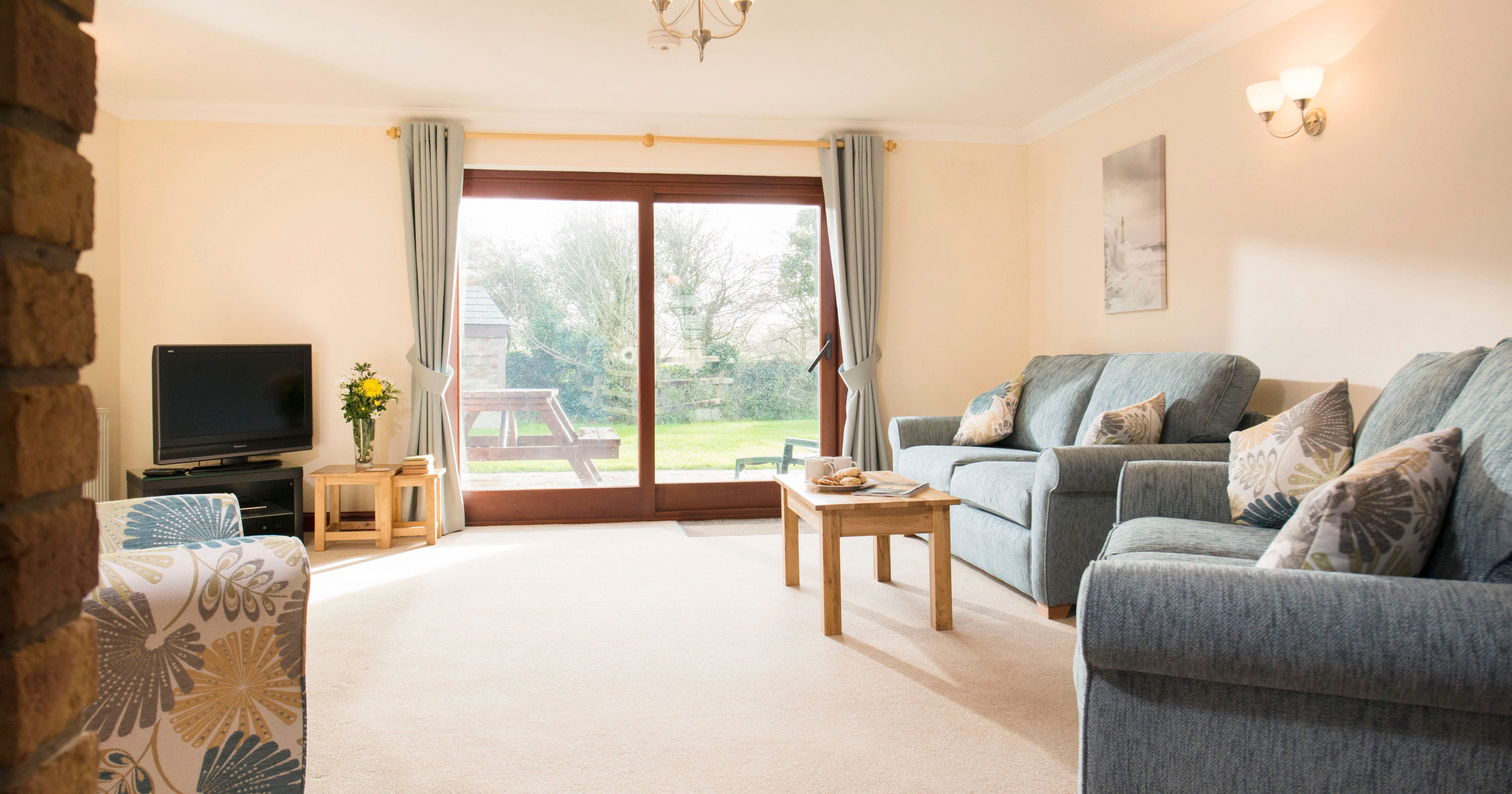 Bright and cozy living room with blue sofas, patterned armchair, wooden coffee table, television, and large sliding glass doors opening to a garden with a picnic table outside.