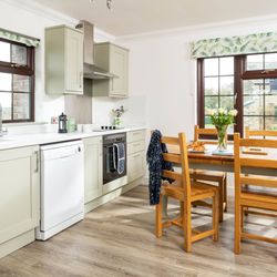 Bright and modern kitchen interior with light green cabinets, wooden dining table with chairs, large windows, and a vase of flowers on the table.