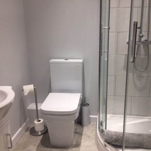 Modern bathroom with a toilet, a sink, a glass-enclosed shower, and a floor mat.