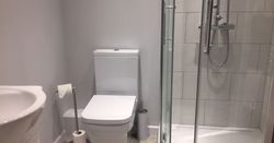 Modern bathroom with a toilet, a sink, a glass-enclosed shower, and a floor mat.