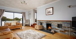 Cozy living room with leather sofas, a fluffy rug, stone fireplace with a burning fire, wooden floors, a large window with curtains, and a framed picture on a light gray wall.