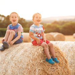 Two young boys sitting and laughing on a large round hay bale in a sunny field with more hay bales in the background.