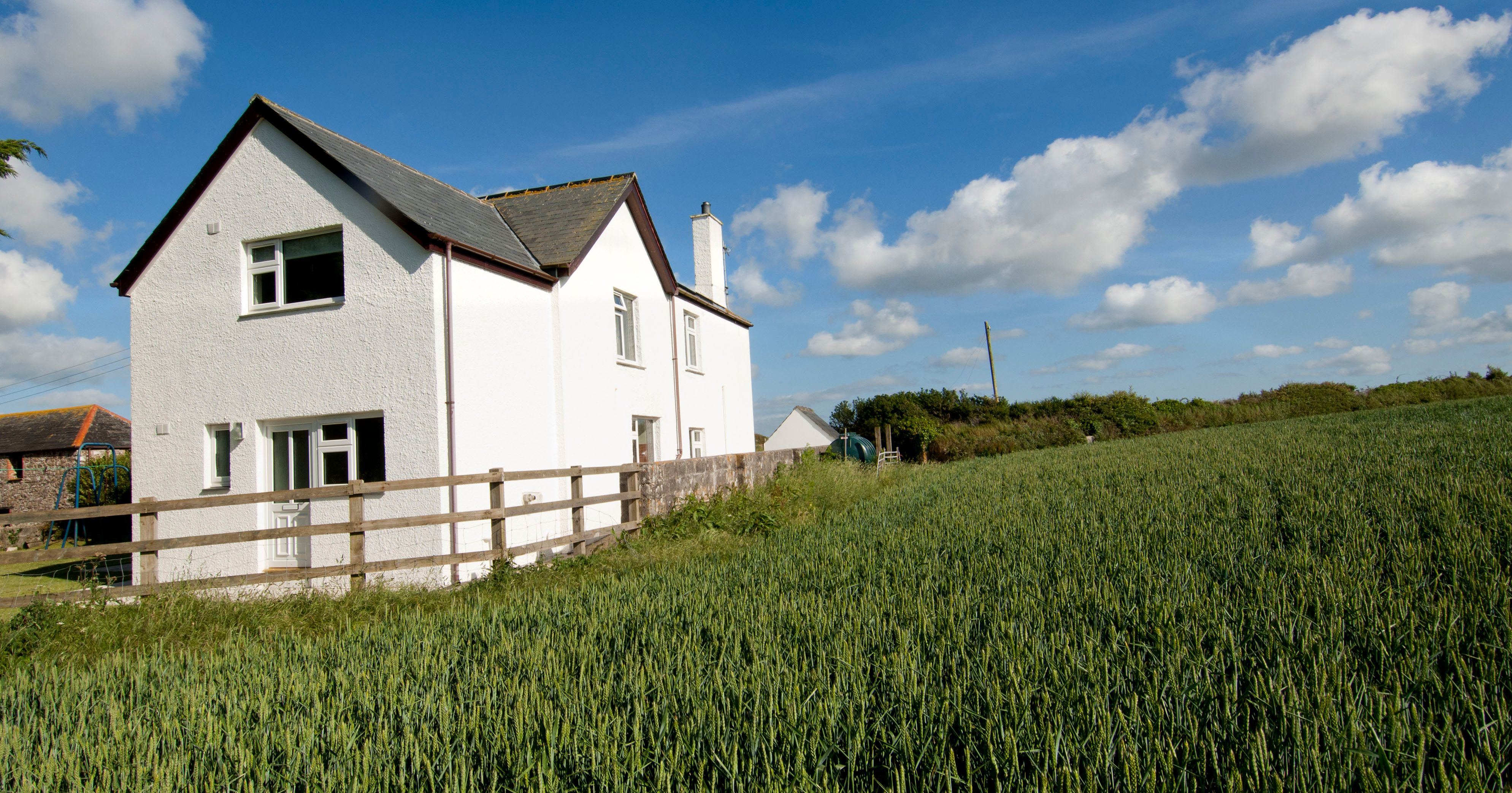 White house with a fenced yard next to a large green wheat field under a blue sky with scattered clouds.