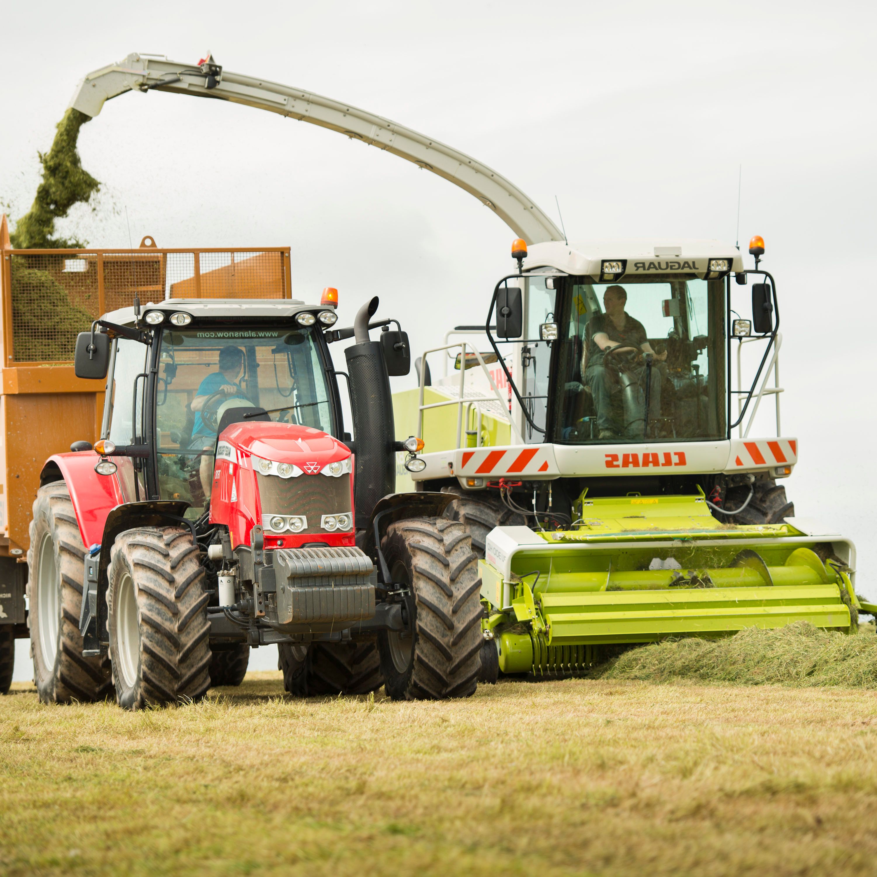 A red tractor next to a forage harvester transferring chopped grass into a trailer in a field.