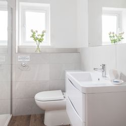 Modern bathroom with walk-in shower, toilet, and white sink
