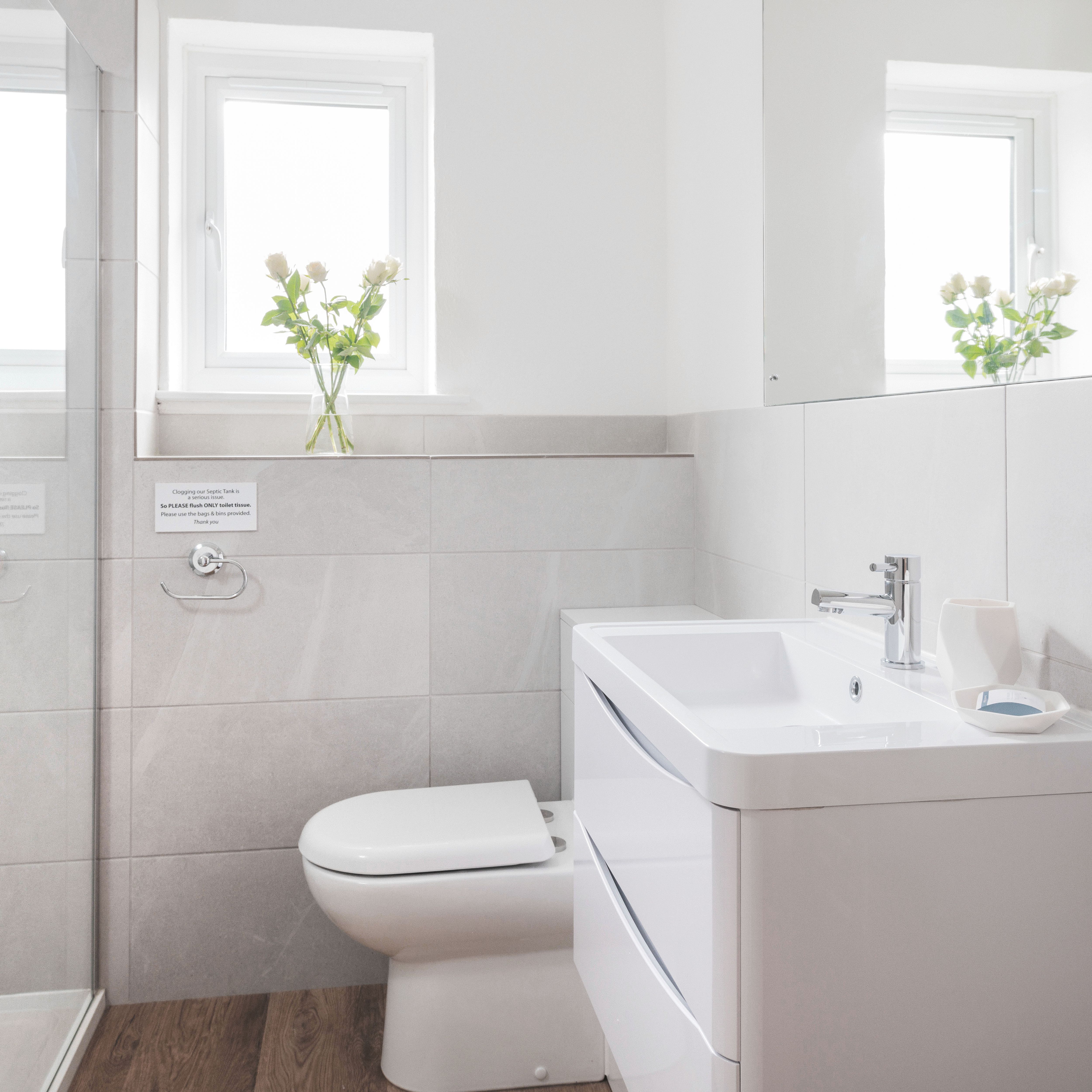 Modern bathroom with walk-in shower, toilet, and white sink