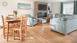 Modern lounge and dining area with grey sofas, wooden dining set, TV, and fireplace