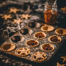 Mince pies being prepared in a baking tray with star-shaped pastry cutouts and a jar of mincemeat in the background.
