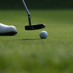 Close-up of a golf club and golf ball on a putting green