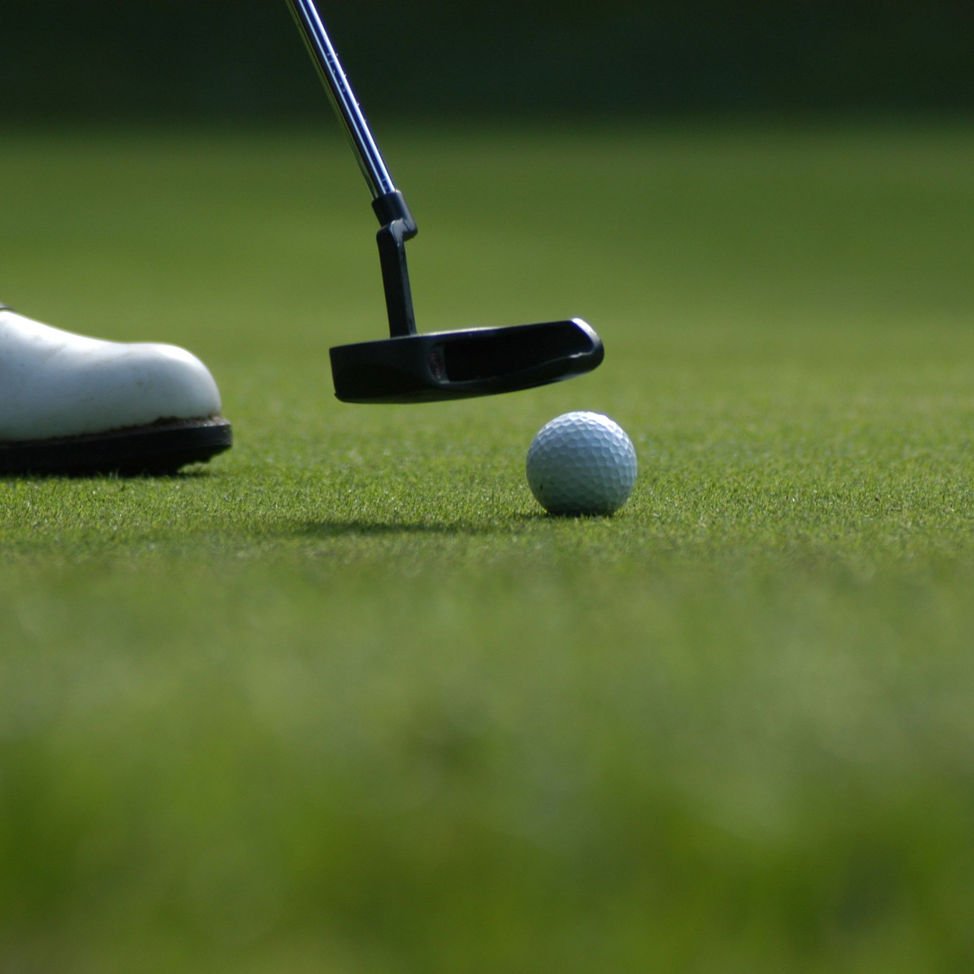 Close-up of a golf club and golf ball on a putting green