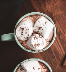 A close-up of a mug of hot chocolate topped with large marshmallows and sprinkled with cocoa powder. Cinnamon sticks and chocolate pieces are scattered on a wooden surface nearby.