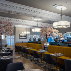 A stylish restaurant with elegant chandeliers, yellow booth seating, dark blue chairs, and pink cherry blossom decorations, creating a sophisticated and inviting ambiance