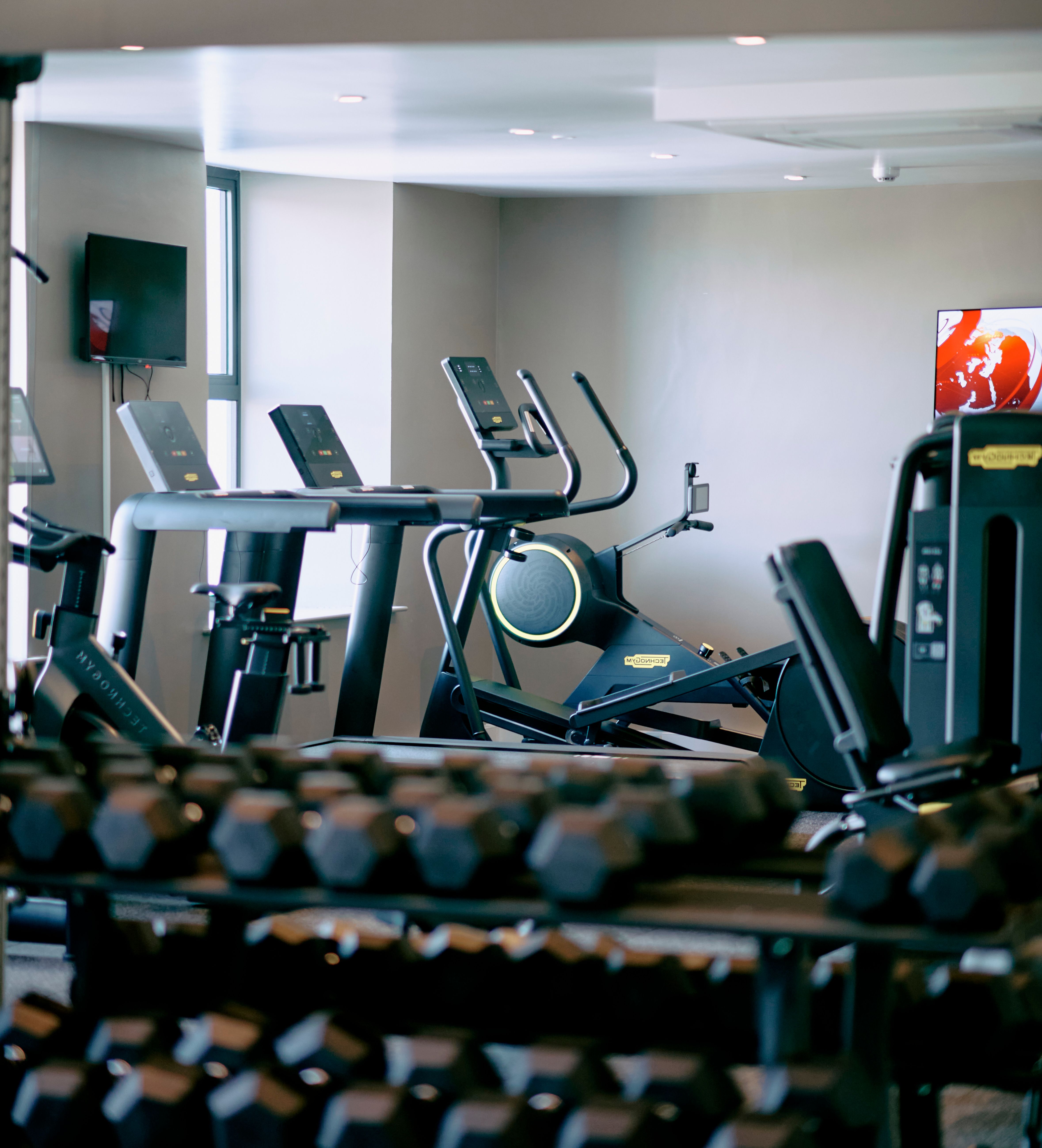 A modern gym with rows of dumbbells in the foreground and various cardio machines, including treadmills and an elliptical, visible in the background.