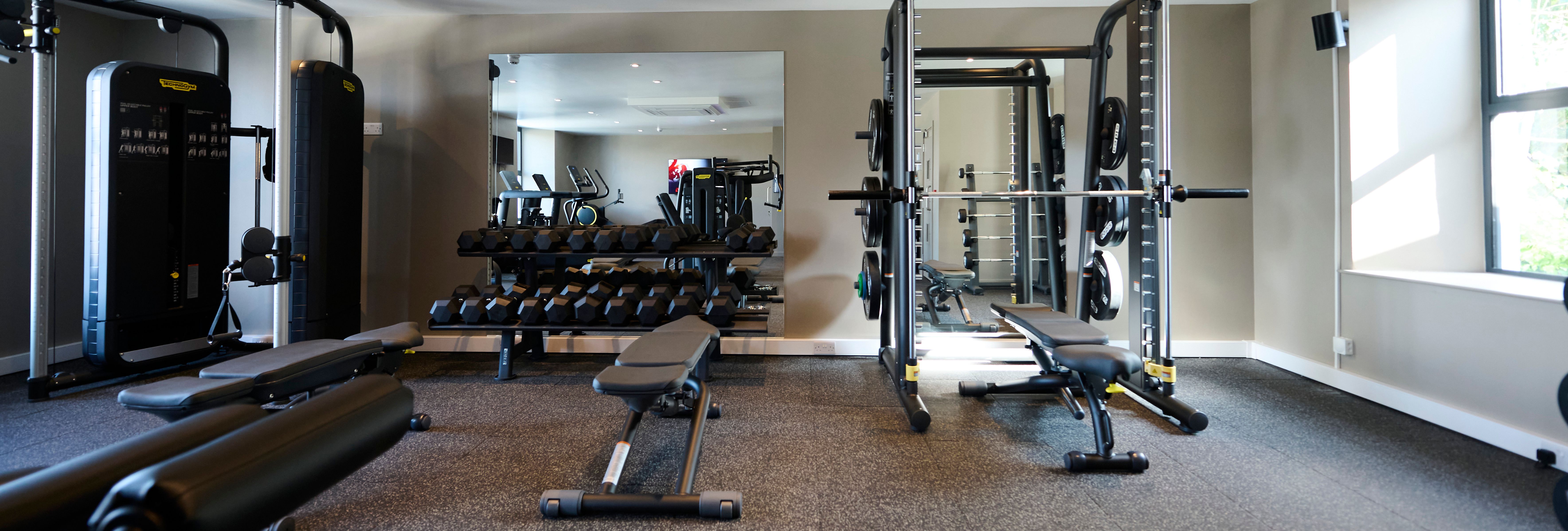 A well-lit gym featuring weight benches, dumbbells, resistance machines, and a squat rack, with mirrors and large windows enhancing the spacious feel.