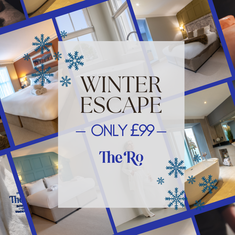 Winter Escape hotel promotion with collage of cozy rooms and bath, offering a stay for £99 at The Ro.