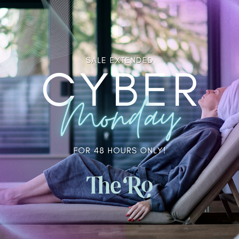 Woman in a robe relaxing on a lounge chair with text promoting an extended Cyber Monday sale.