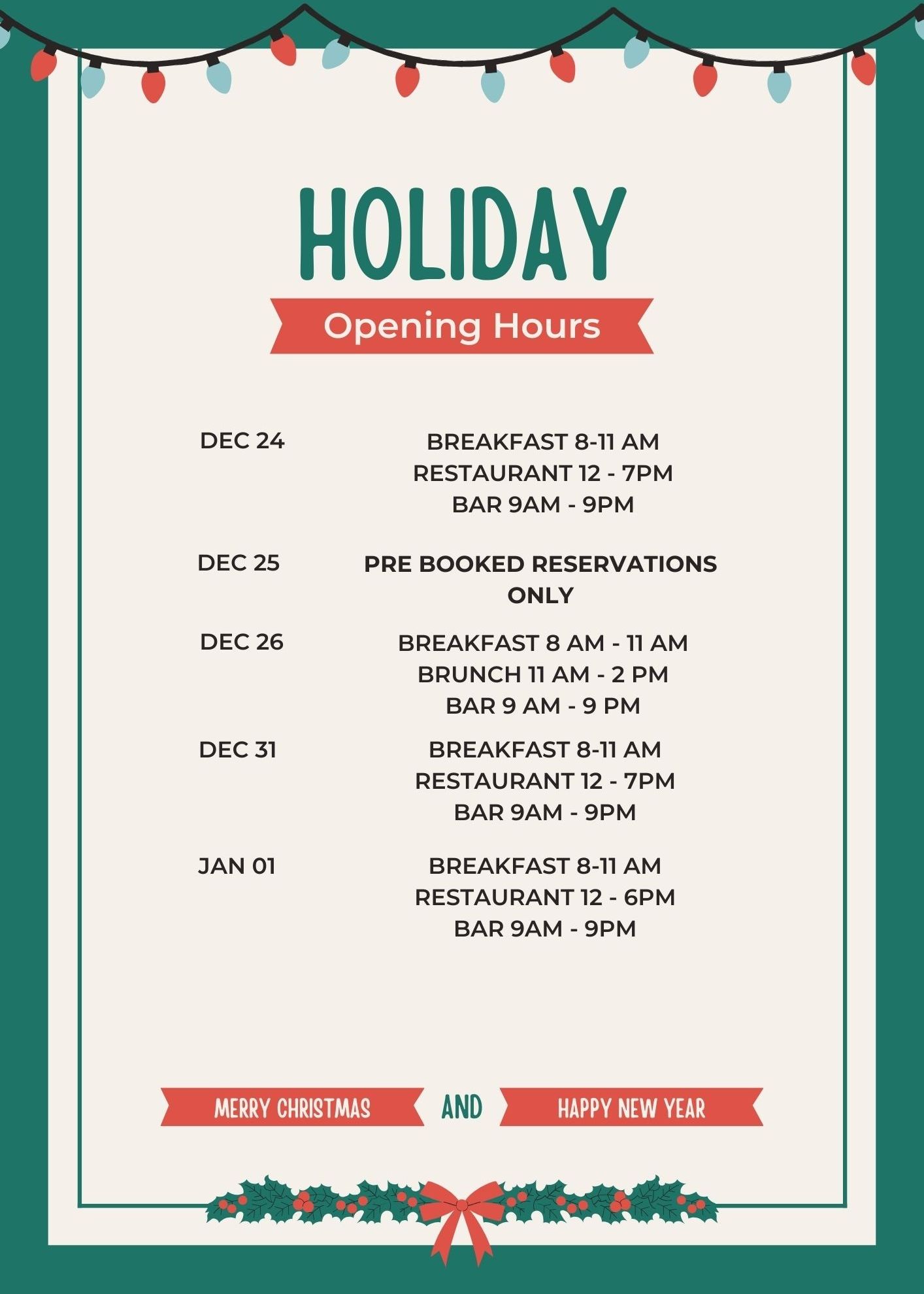 Holiday opening hours schedule with Christmas decorations and festive design