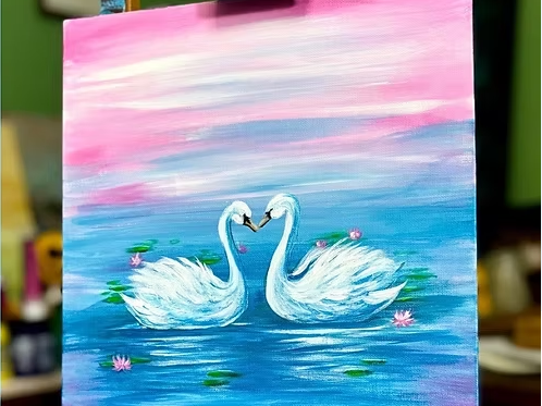 Painting of two swans facing each other on a blue pond with pink water lilies and a pink sky background.