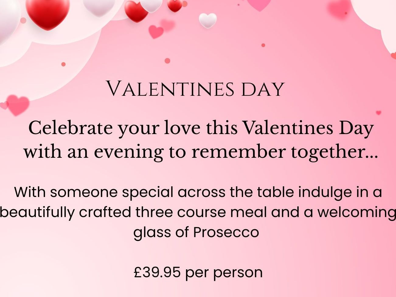 Valentine's Day poster with pink background, floating hearts, and details about a dinner and overnight stay offer at Lion Hotel.