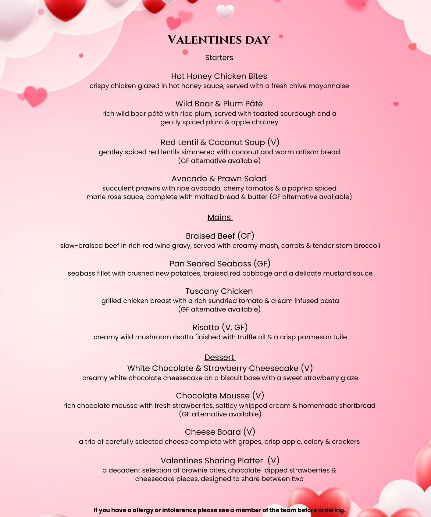 Valentine's Day menu with starters, mains, and desserts, decorated with floating hearts on a pink background.