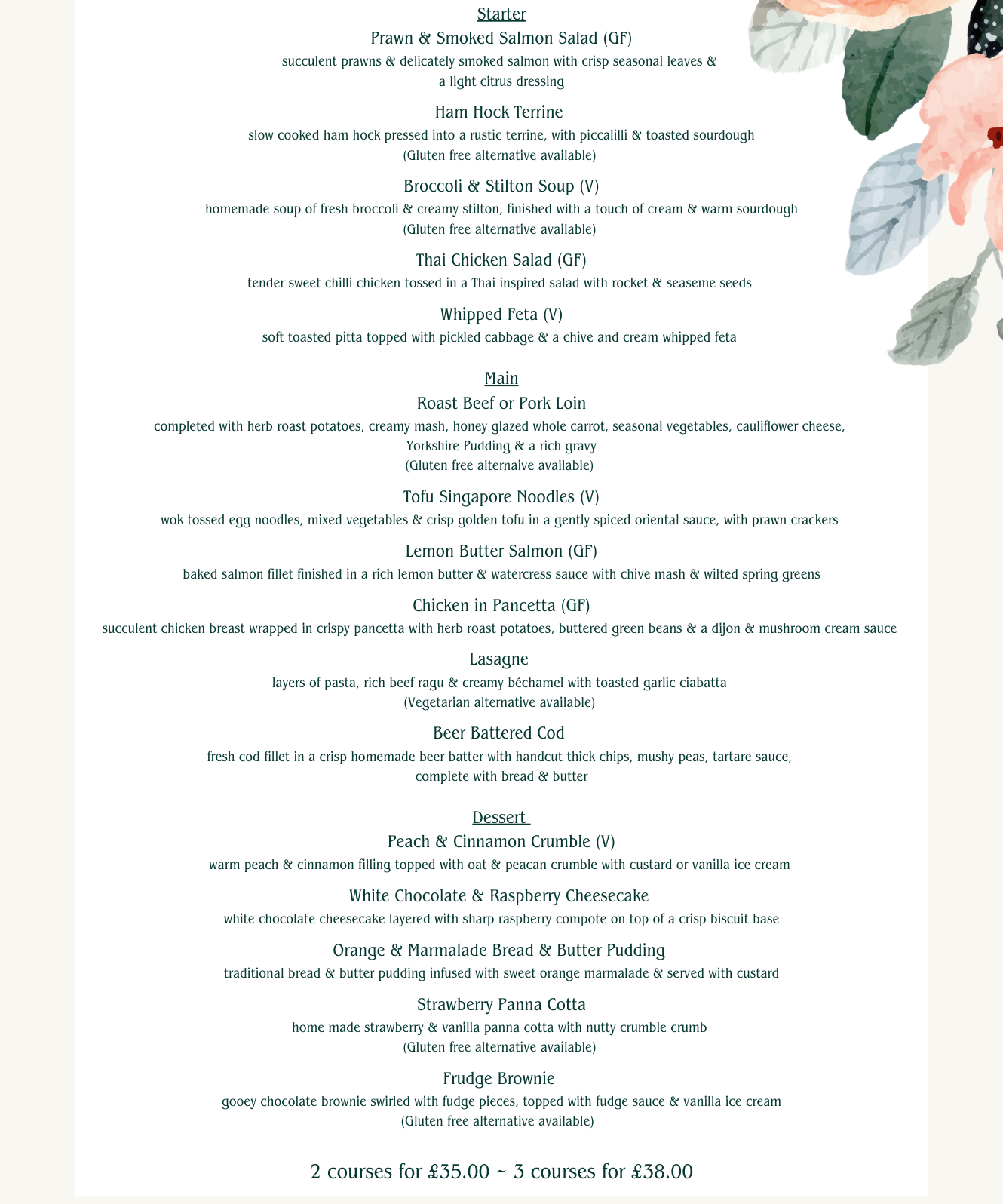 Mother's Day 2026 menu featuring starters, mains, and desserts with floral decorations.