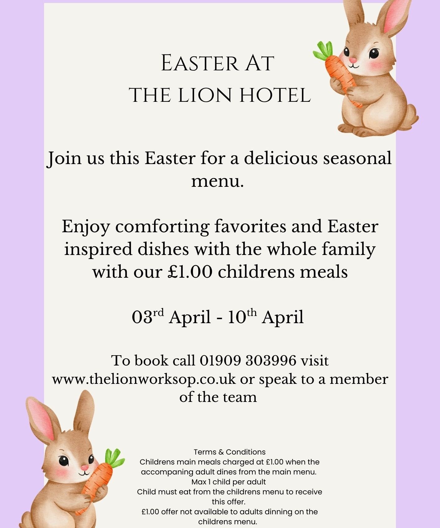 Easter event flyer for The Lion Hotel with two cute illustrated bunnies holding carrots.