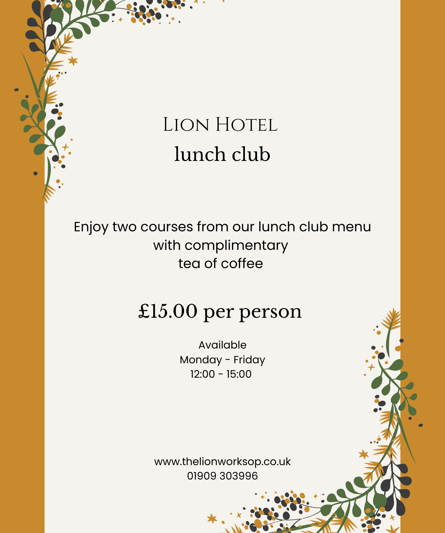 Lion Hotel lunch club menu offer poster with floral border
