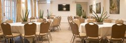 A conference room with round tables and beige chairs arranged neatly, decorated with potted plants.