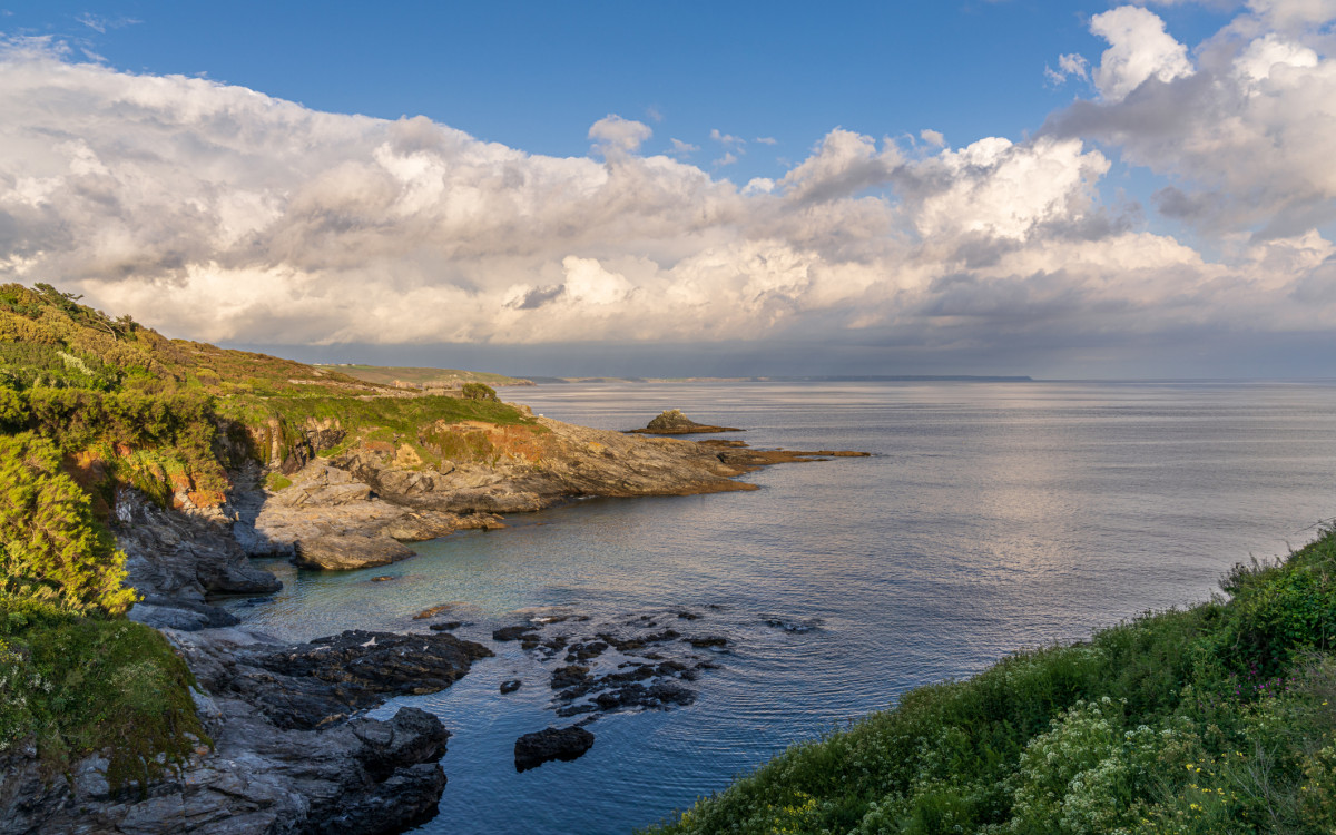 A panoramic view of a rocky shoreline meeting a calm, expansive sea under a partly cloudy sky, with lush green vegetation along the cliffs.